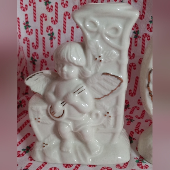 Holiday White Porcelain Gold Gilded Candle Holders JOY Angels Cherubs. - Picture 8 of 9